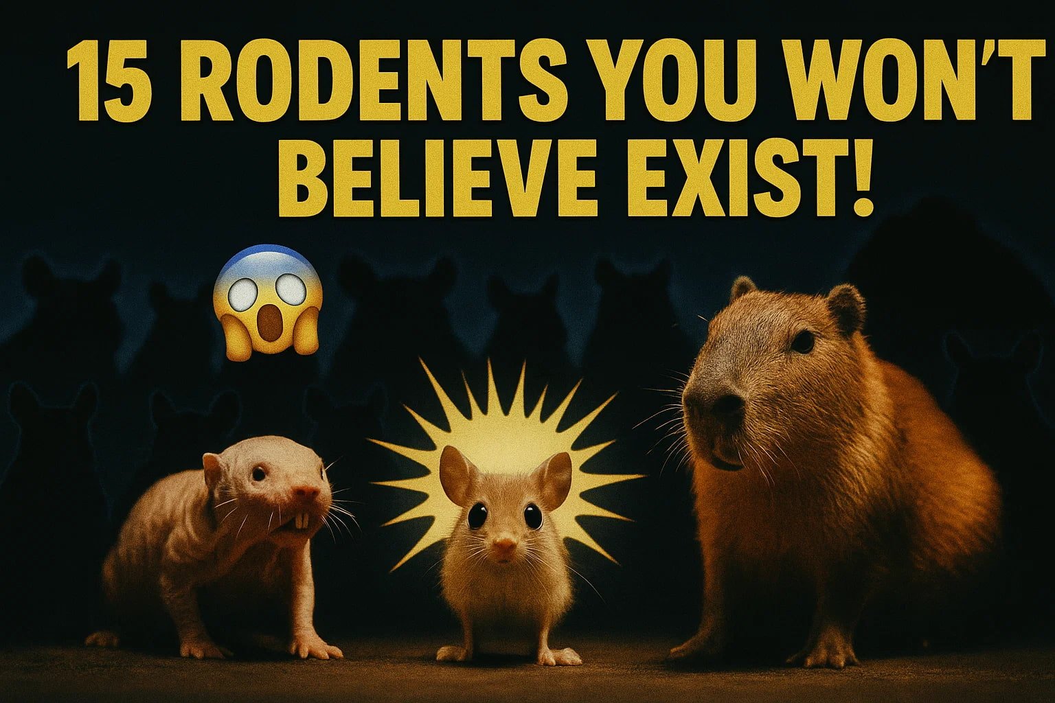 15 weird rodents lineup thumbnail with Capybara, Pygmy Jerboa, and Naked Mole Rat in photorealistic detail