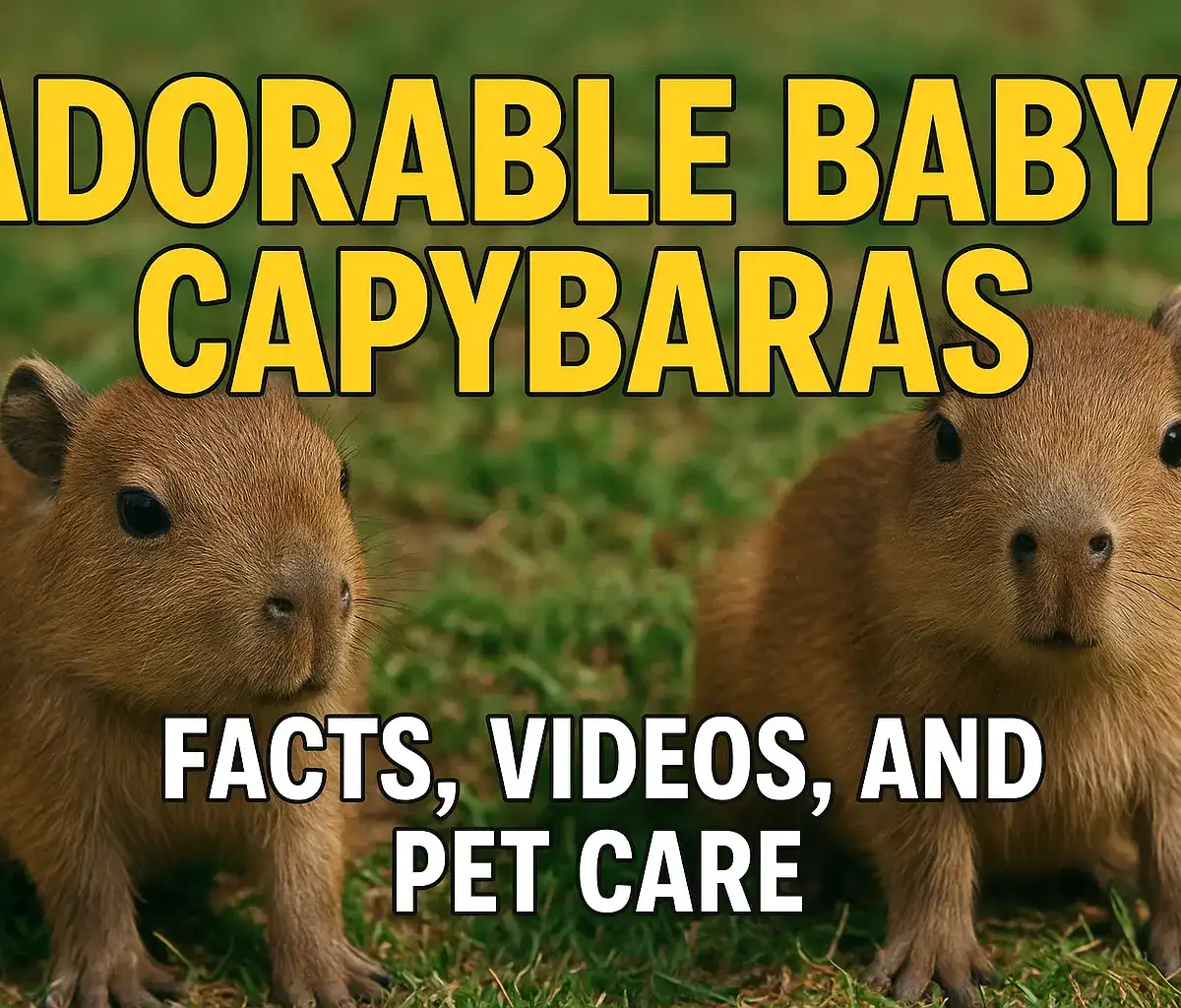 Two adorable baby capybaras with the text 'Adorable Baby Capybaras: Facts, Videos, and Pet Care.