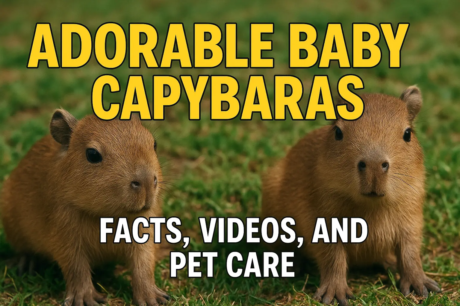 Two adorable baby capybaras with the text 'Adorable Baby Capybaras: Facts, Videos, and Pet Care.