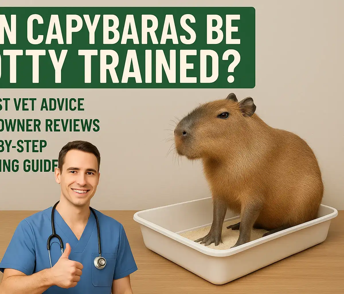 A capybara sitting in a litter box next to a smiling veterinarian giving a thumbs-up. The image poses the question, "Can capybaras be potty trained?" and offers honest vet advice, real owner reviews, and a step-by-step training guide.