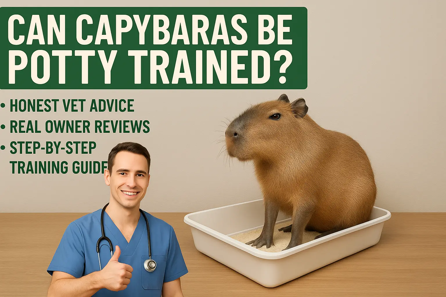 A capybara sitting in a litter box next to a smiling veterinarian giving a thumbs-up. The image poses the question, "Can capybaras be potty trained?" and offers honest vet advice, real owner reviews, and a step-by-step training guide.