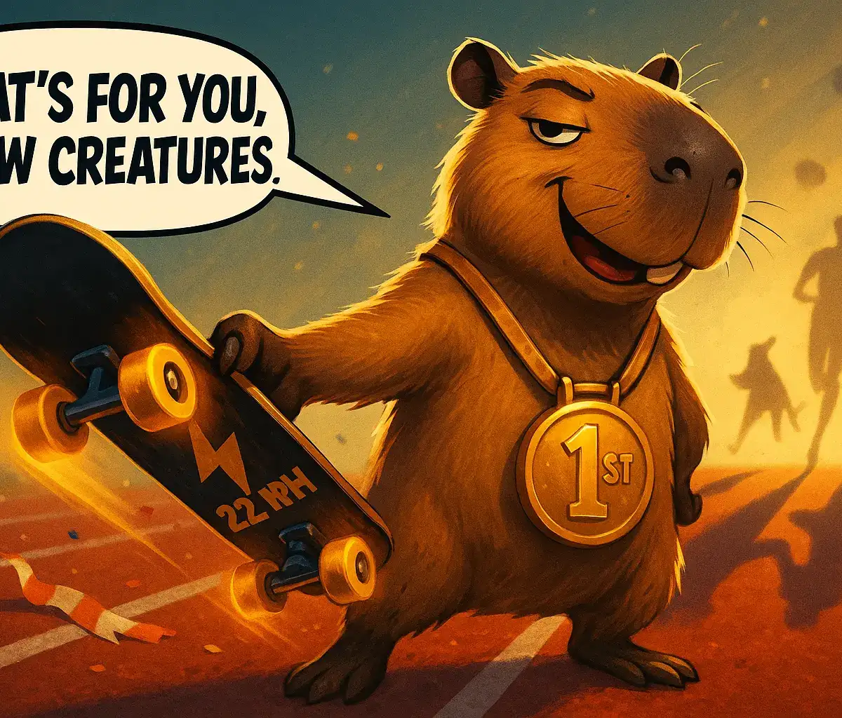 A victorious capybara showing off after winning a race, wearing a gold medal and offering a skateboard, mocking the speed of humans and dogs behind it.