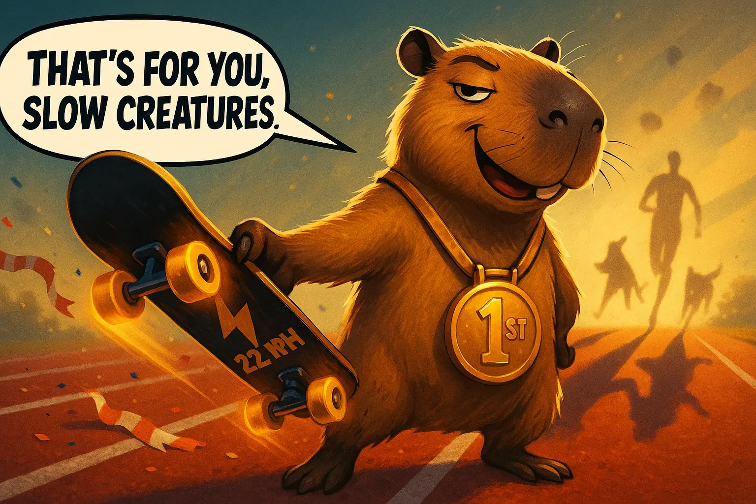 A victorious capybara showing off after winning a race, wearing a gold medal and offering a skateboard, mocking the speed of humans and dogs behind it.