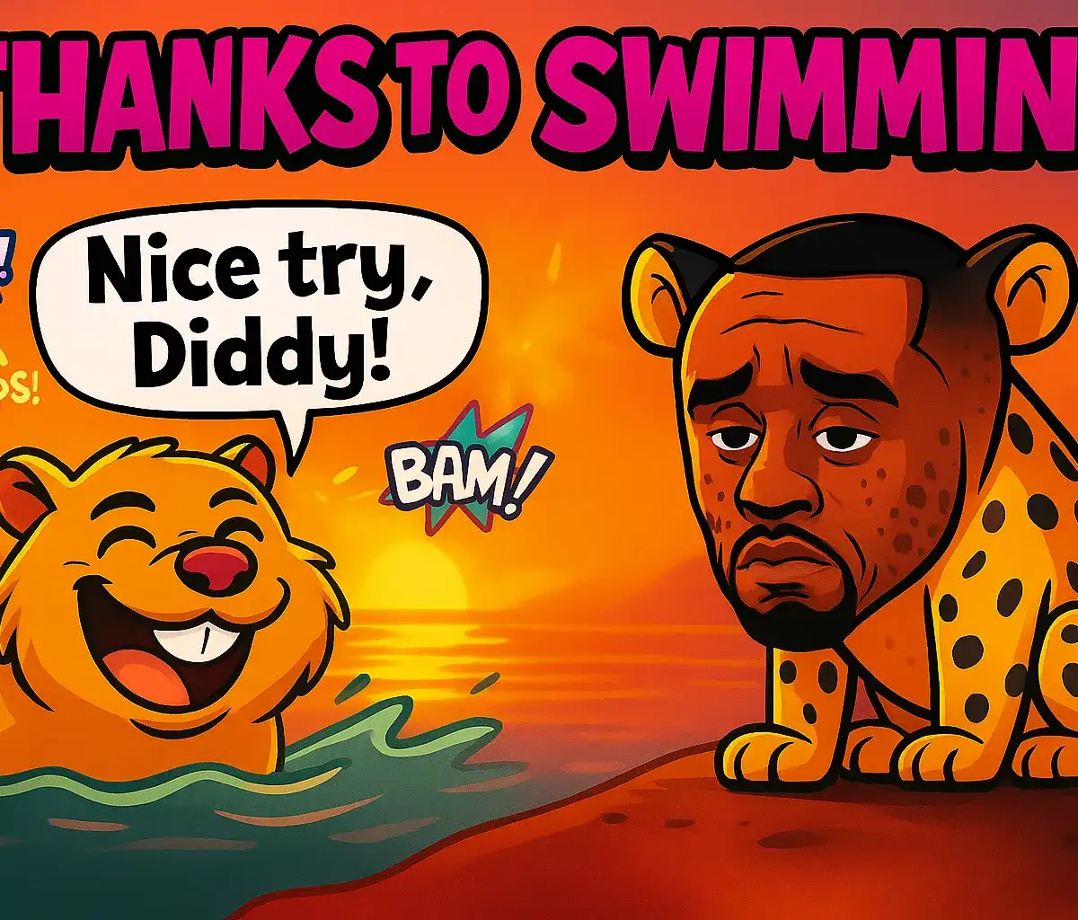 Capybara swimming in water with a big grin, saying 'Nice try, Diddy!', while a sad cheetah (Diddy) sits on the shore with a dejected expression. Bright sunset background with cartoonish, vibrant details.