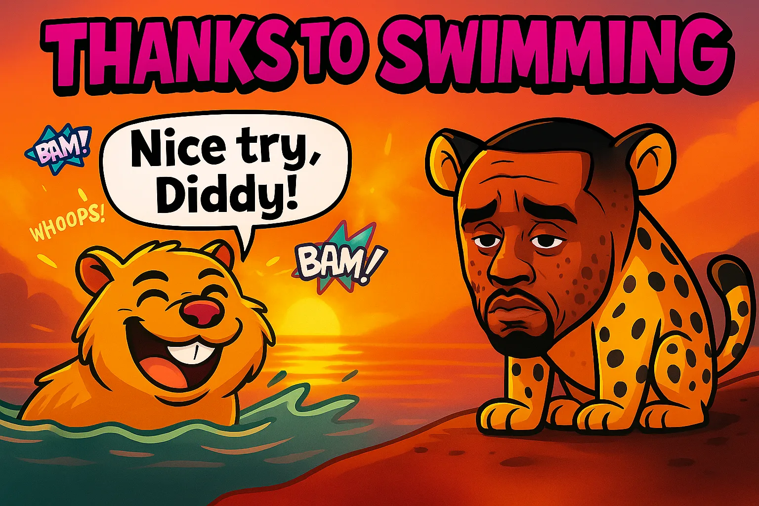 Capybara swimming in water with a big grin, saying 'Nice try, Diddy!', while a sad cheetah (Diddy) sits on the shore with a dejected expression. Bright sunset background with cartoonish, vibrant details.