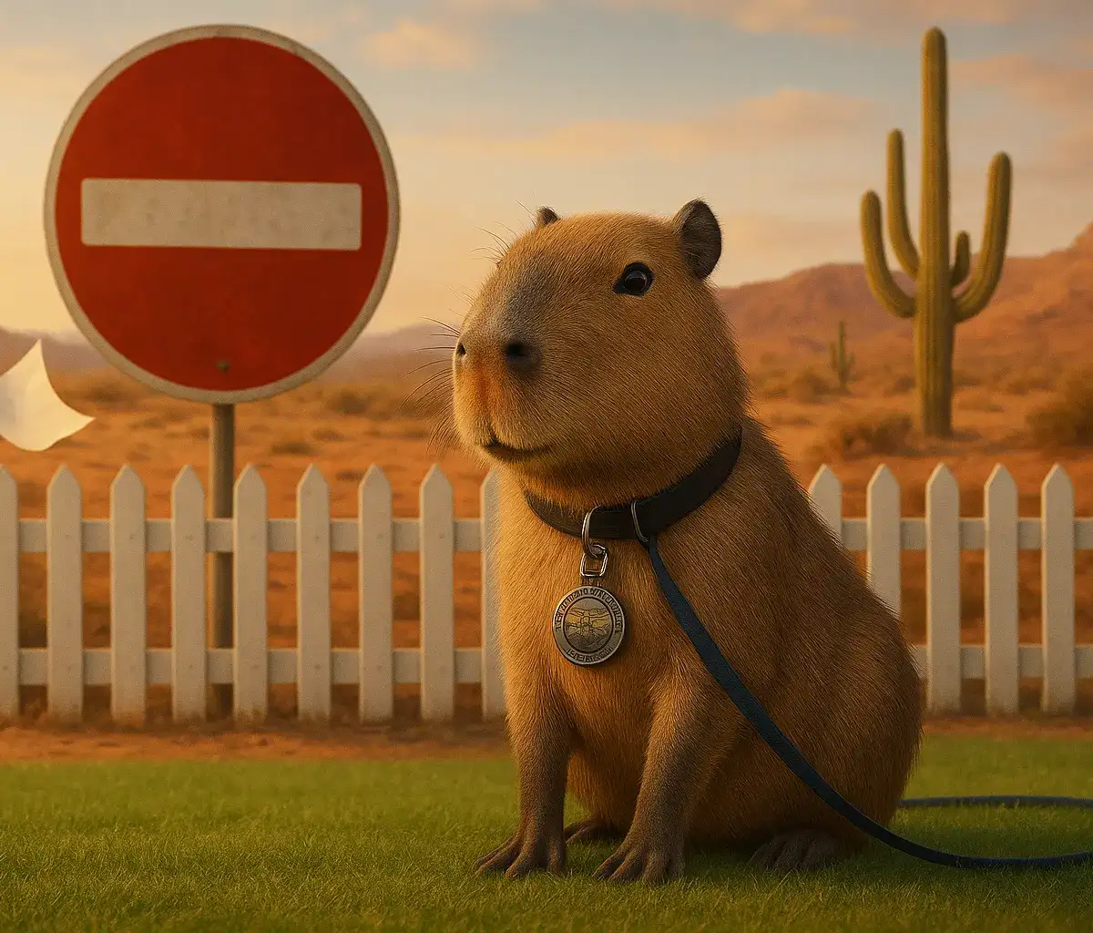 Capybara with a collar and leash, sitting in front of a desert landscape in Arizona, with a 'Do Not Enter' sign in the background.