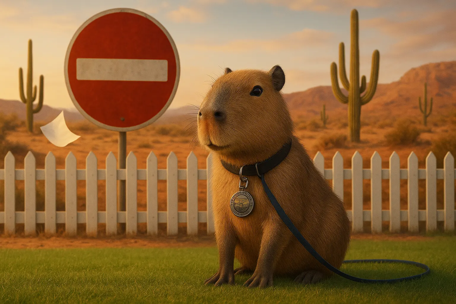 Capybara with a collar and leash, sitting in front of a desert landscape in Arizona, with a 'Do Not Enter' sign in the background.