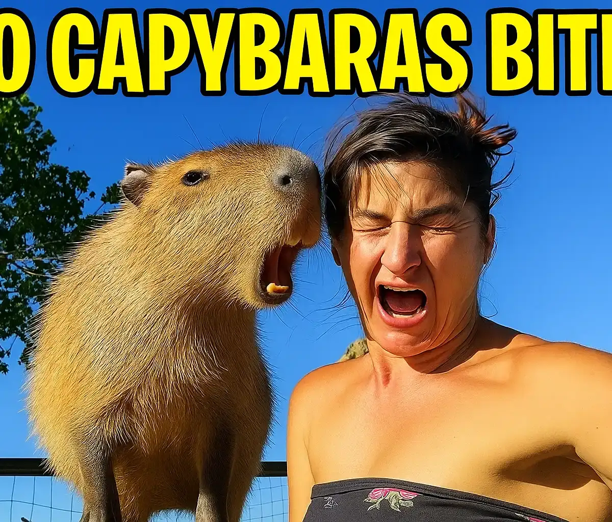 Capybara interacting with a person, showcasing playful behavior. The person is surprised, and the capybara is yawning.