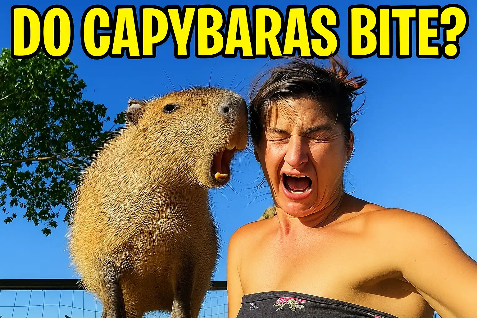 Capybara interacting with a person, showcasing playful behavior. The person is surprised, and the capybara is yawning.