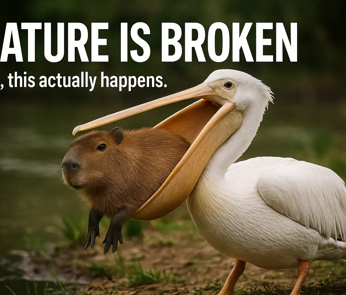 A pelican carrying a capybara in its beak, with the humorous caption 'Nature is broken, yes, this actually happens.'