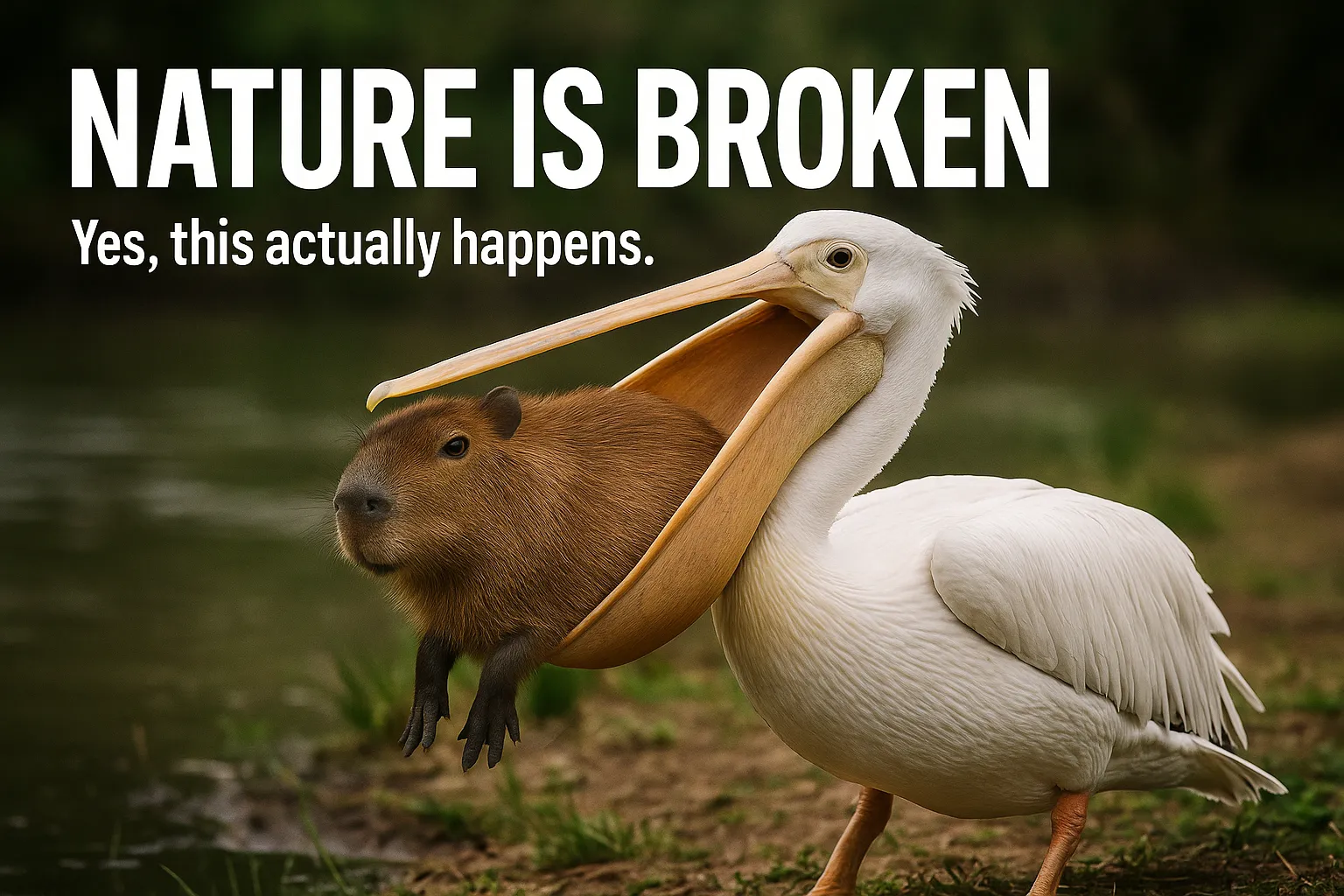 A pelican carrying a capybara in its beak, with the humorous caption 'Nature is broken, yes, this actually happens.'