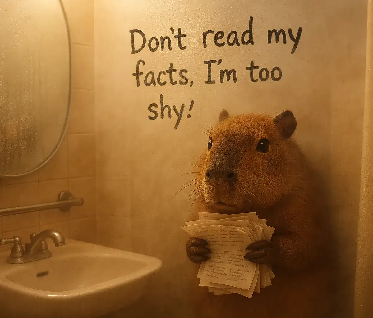A shy capybara hides behind foggy mist in a bathroom, holding a stack of papers with capybara facts, its large eyes peeking through the condensation.