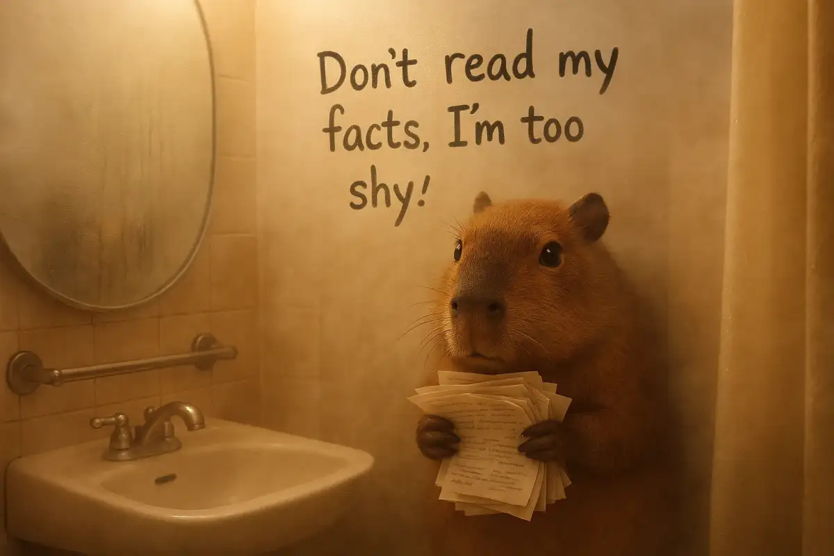 A shy capybara hides behind foggy mist in a bathroom, holding a stack of papers with capybara facts, its large eyes peeking through the condensation.