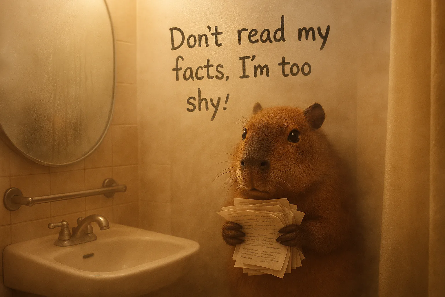 A shy capybara hides behind foggy mist in a bathroom, holding a stack of papers with capybara facts, its large eyes peeking through the condensation.
