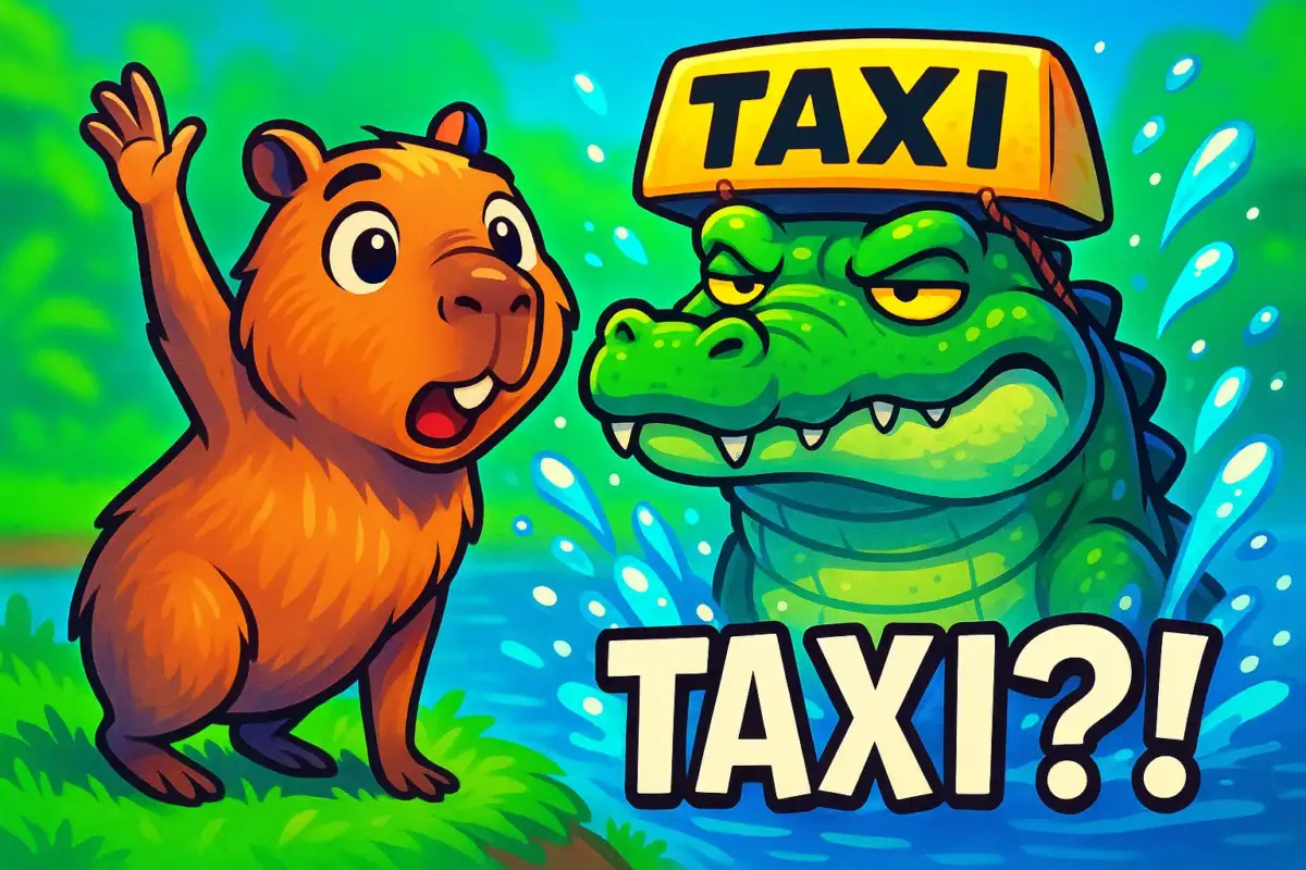Capybara is calling for taxi that i crocodile and it shows that capybara can ride on crocodile.