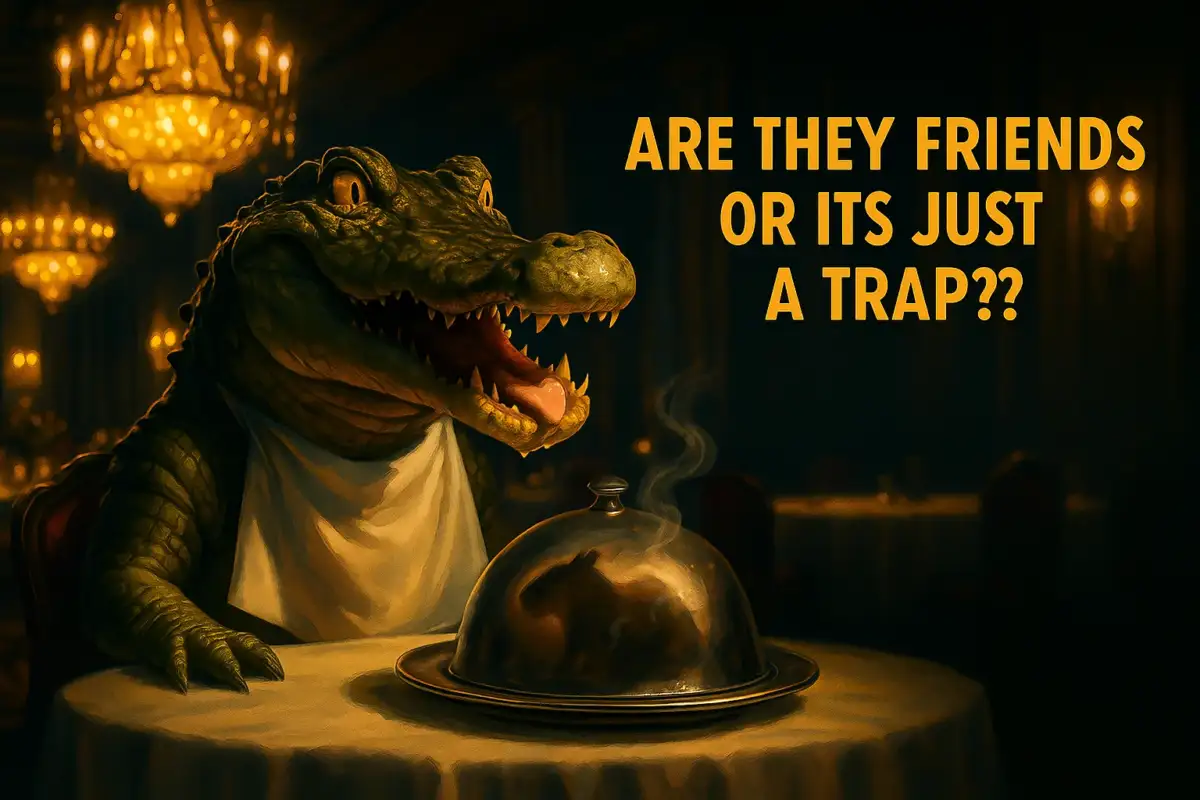 crocodile sitting on a dining table and waiting to eat capybara. This is a featured image with Youtube style thumbnail.