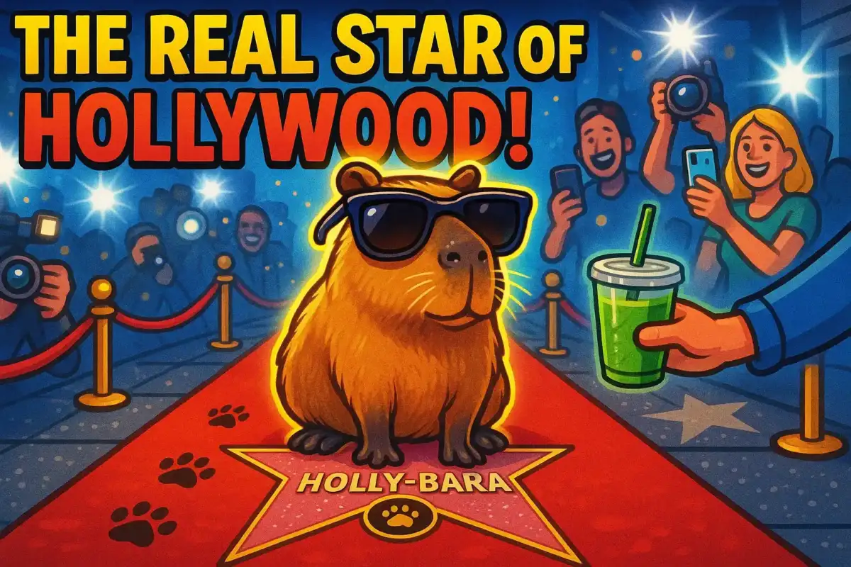 A capybara in California sitting on the Hollywood Walk of Fame star engraved with “Holly-bara,” wearing oversized sunglasses, surrounded by paparazzi, tourists, and a red carpet with paw prints.