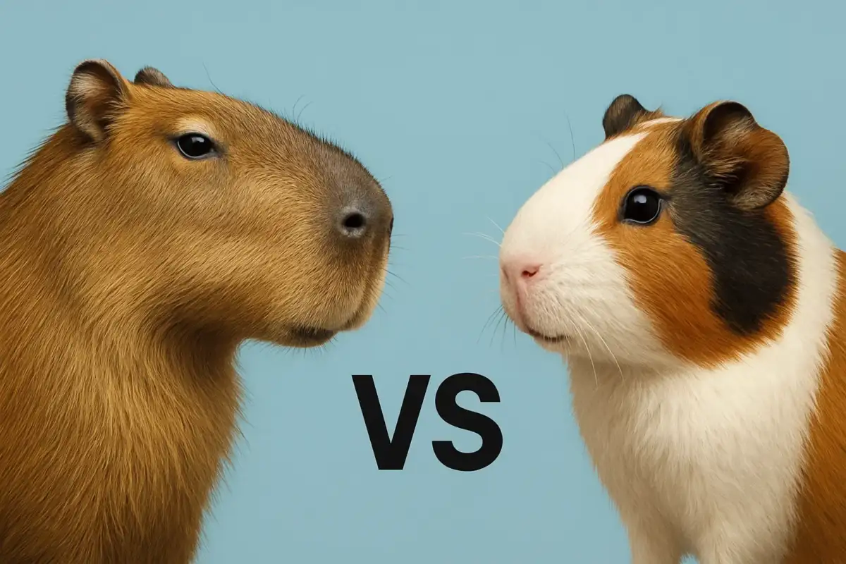 Realistic capybara on the left and realistic guinea pig on the right with VS text in the middle, light blue background